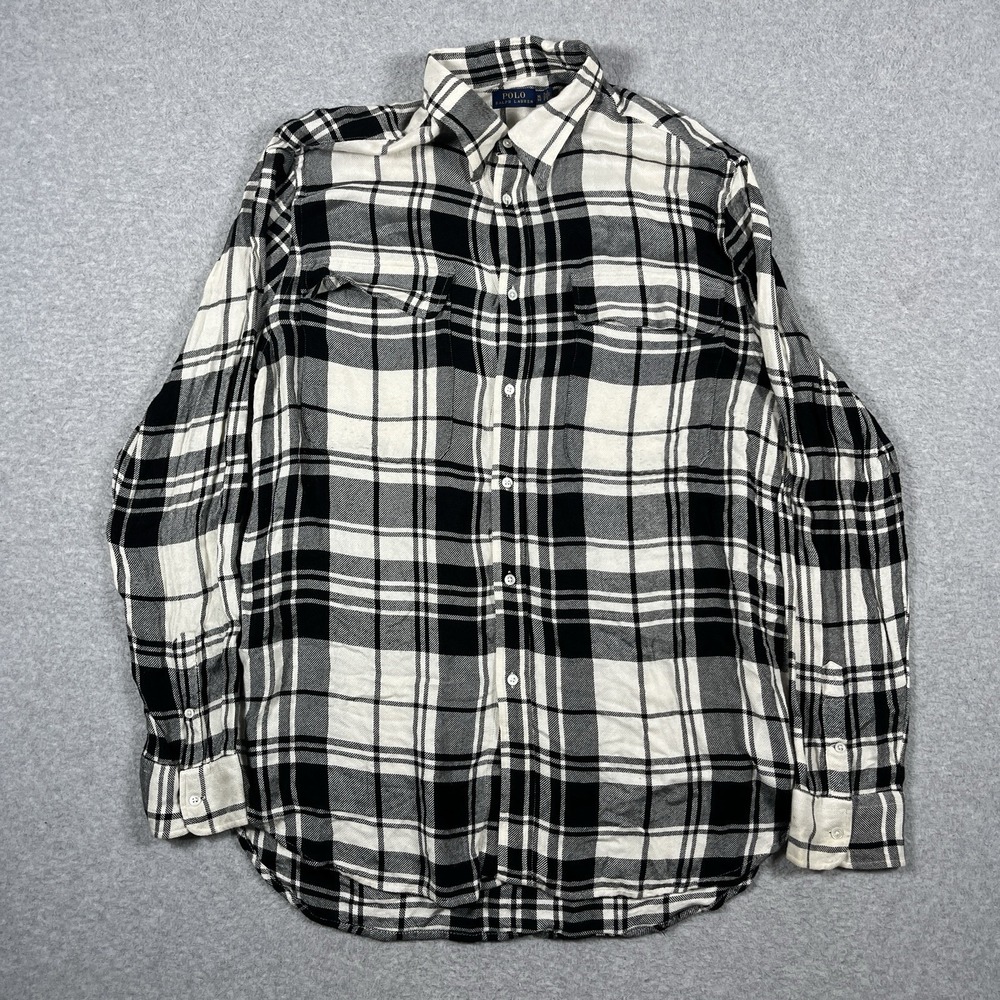 Polo Ralph Lauren Shirt Mens XL Black 100% Viscoe Rayon Button Up Plaid Long Sle - Picture 1 of 9